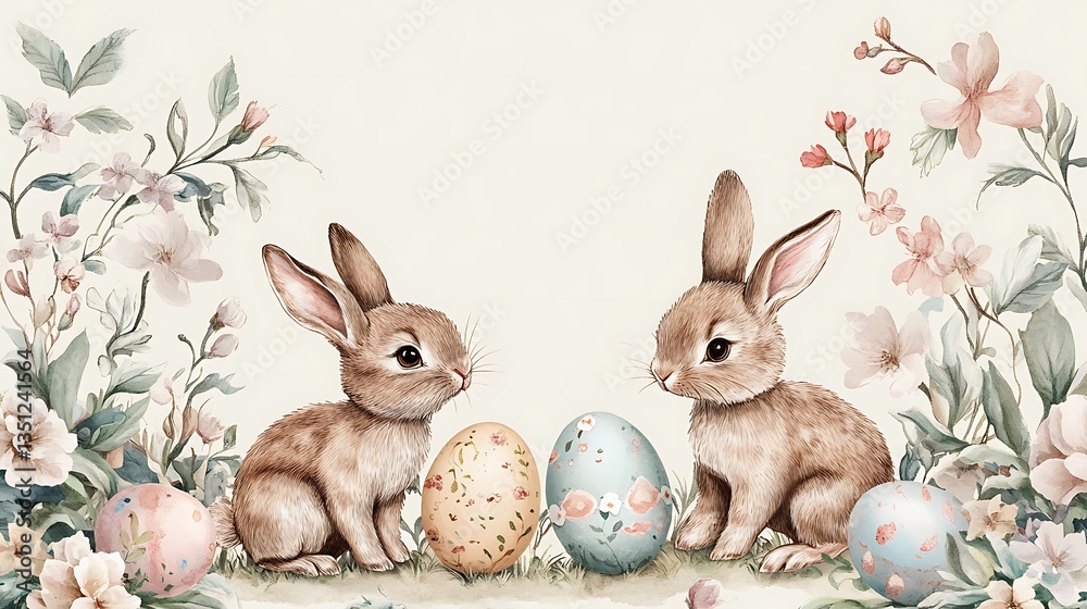 Fototapeta premium Easter bunnies with floral spring scene. (1)