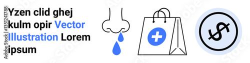 Nose with droplets, medical shopping bag with cross, and dollar sign emphasize healthcare, medication shopping, cost, budget planning, medical insurance, health concerns, simple landing page