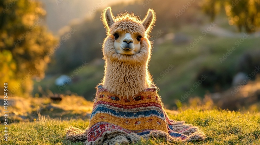 Fototapeta premium Alpaca in Sunset, Knitted Poncho