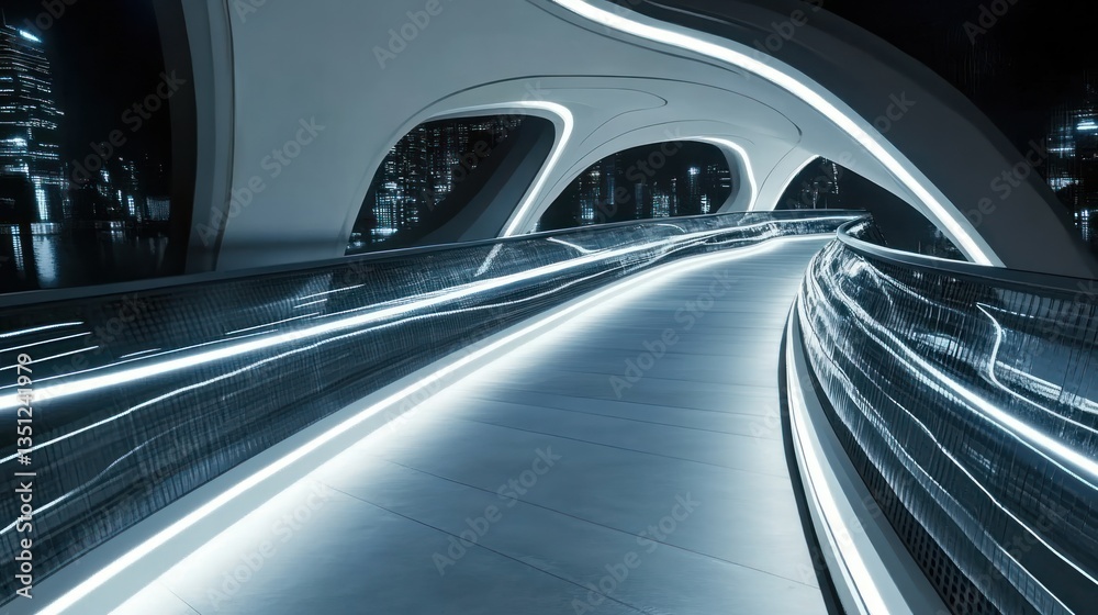 Dynamic bridge design with illuminated railings and futuristic aesthetics. Dynamic bridge design with illuminated railings and futuristic aesthetics.