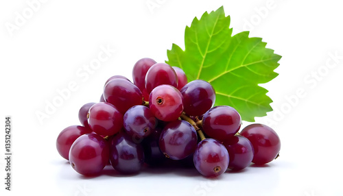 Juicy purple grape cluster with green leaf isolated on white background, Suitable for marketing or business purposes, healthy snacks, fruits, created with generative ai