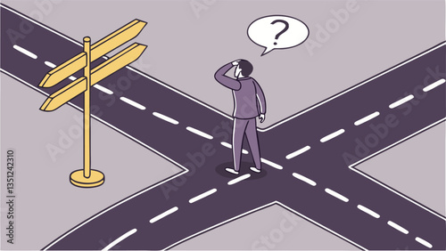 Confused person standing at a three-way road intersection with large arrows, symbolizing decision-making, choices, uncertainty, and future direction in a minimal flat illustration style
