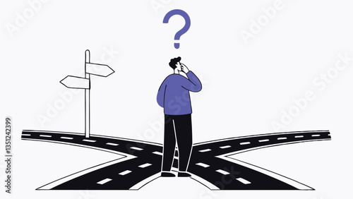 Confused person standing at a three-way road intersection with large arrows, symbolizing decision-making, choices, uncertainty, and future direction in a minimal flat illustration style
