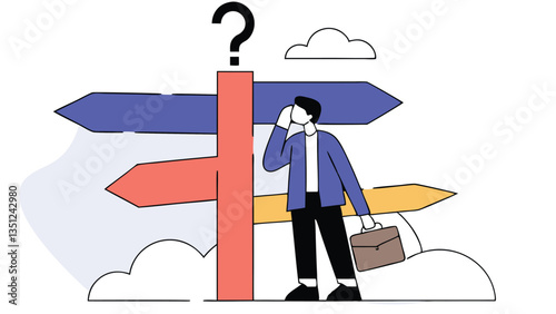 Confused person standing at a three-way road intersection with large arrows, symbolizing decision-making, choices, uncertainty, and future direction in a minimal flat illustration style
