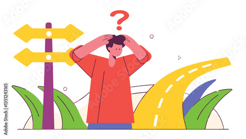 Confused person standing at a three-way road intersection with large arrows, symbolizing decision-making, choices, uncertainty, and future direction in a minimal flat illustration style
