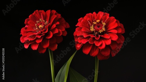 Two Red Zinnia Flowers Against a Black Background