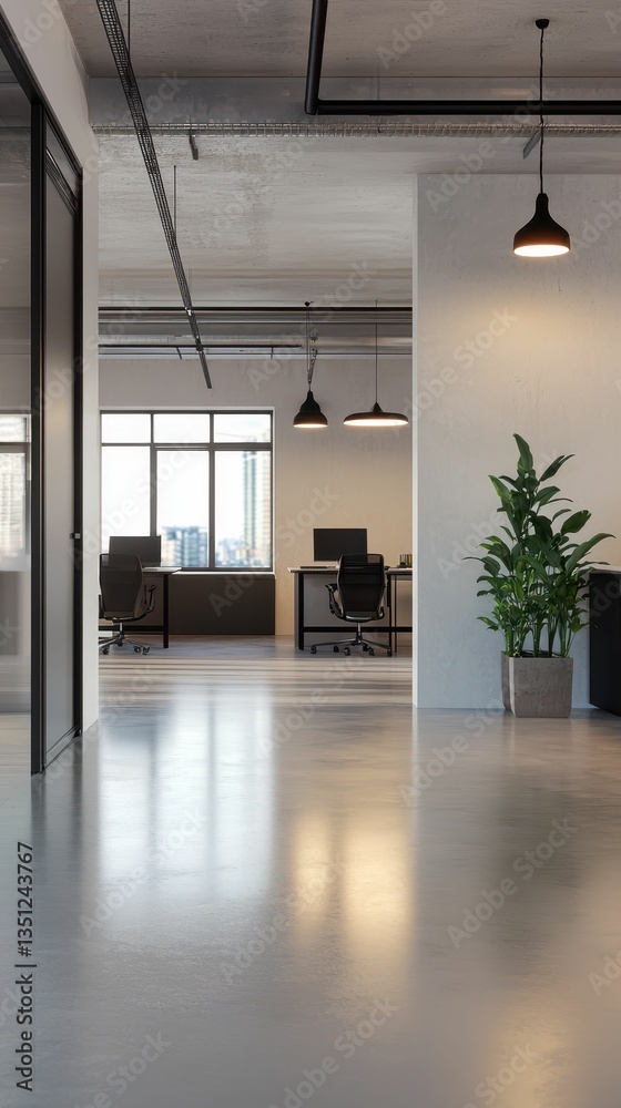 Fototapeta premium Clean Modern Office Space with Polished Concrete Floors and Plants