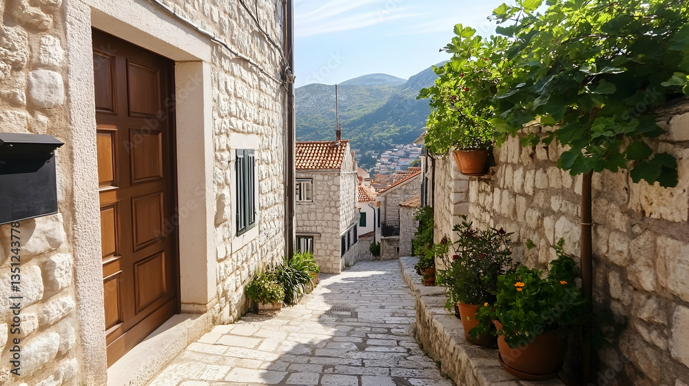 Fototapeta premium Charming stone street, coastal town, mountain backdrop, summer day, travel postcard