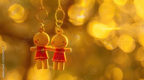 Wooden Couple Keychains Against Bokeh Lights