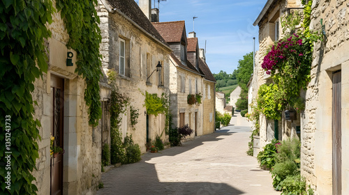 Charming French village street, sunny day, stone houses, lush greenery, idyllic background, perfect for travel brochures