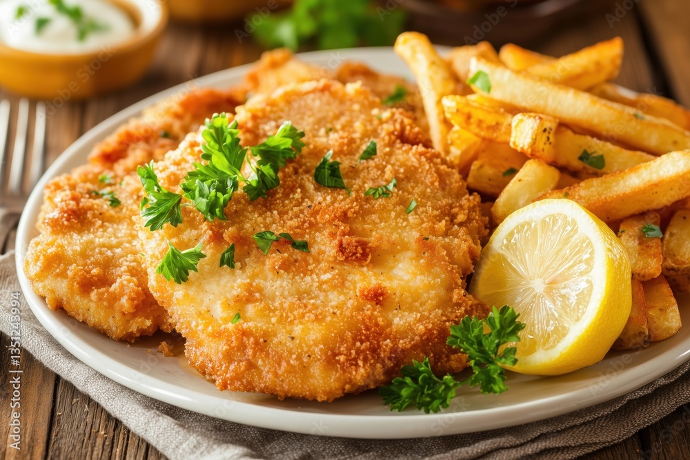 Classic chicken schnitzel served warm with rustic fried potato sides Classic chicken schnitzel served warm with rustic fried potato sides