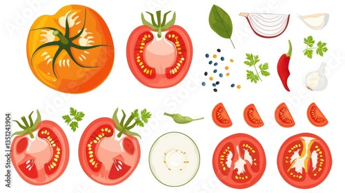 Tomato Illustration Set - Whole, Halved and Sliced