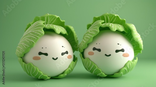 Two Cartoon Cabbages with Smiling Faces