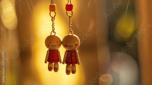 Two Smiling Wooden Dolls Hanging Against a Golden Bokeh Background