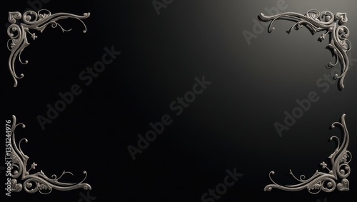 Elegant Silver Filigree Corner Design Ornate Vintage Frame Black Background Decorative Border