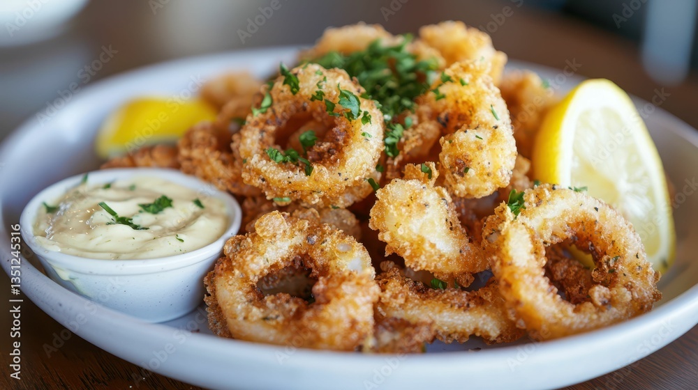 Crispy Fried Calamari with Fresh Lemon Slices and Dipping Sauce Crispy Fried Calamari with Fresh Lemon Slices and Dipping Sauce