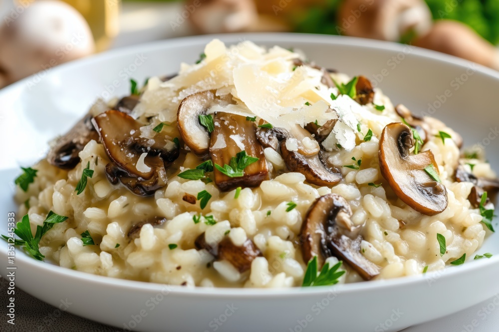 Savory risotto with creamy texture, herbs and wild forest mushrooms Savory risotto with creamy texture, herbs and wild forest mushrooms