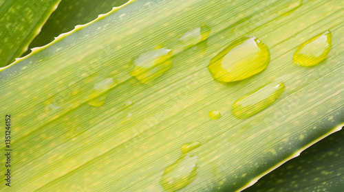 Close-up of aloe vera leaf with water droplets;  natural skincare background