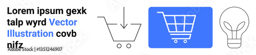 Minimalist shopping cart with download arrow and lightbulb suggesting online shopping, innovation, and digital commerce. Ideal for e-commerce, innovation, marketing, creativity, idea generation