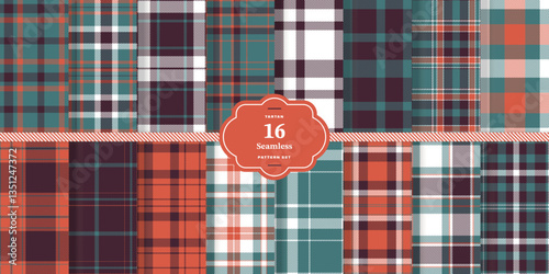 Modern Seamless Tartan featuring Midnight Charcoal and Cream Bisque Fabric Design Set of 16
