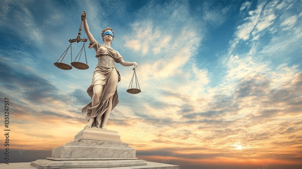 Obraz premium A majestic statue of Lady Justice stands tall, draped in flowing robes, holding a balanced scale in one hand and a sword in the other, symbolizing fairness and the rule of law.