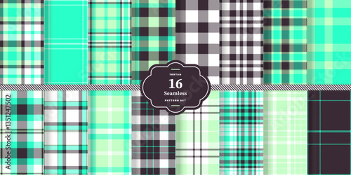 Modern Seamless Tartan featuring Smoky Charcoal and Cream Bisque Fabric Design Set of 16