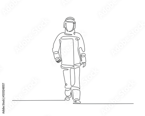 Firefighter one line drawing illustration. Firefighter with uniform monoline design.