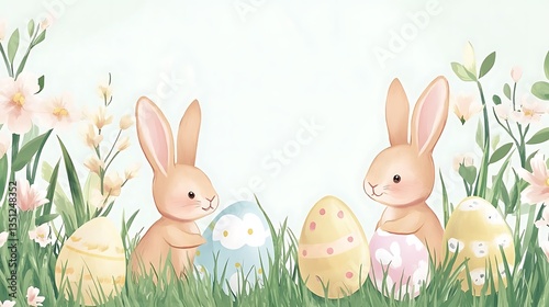 Easter bunnies with eggs, and spring flowers. (4)