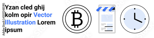 Bitcoin currency logo, mobile storefront interface, and clock emphasizing cryptocurrency, e-commerce, time efficiency. Ideal for finance, online business, scheduling, innovation retail