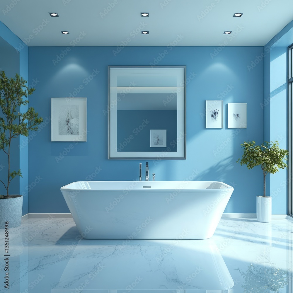Minimalist modern bathroom features a sleek white bathtub and plants Minimalist modern bathroom features a sleek white bathtub and plants