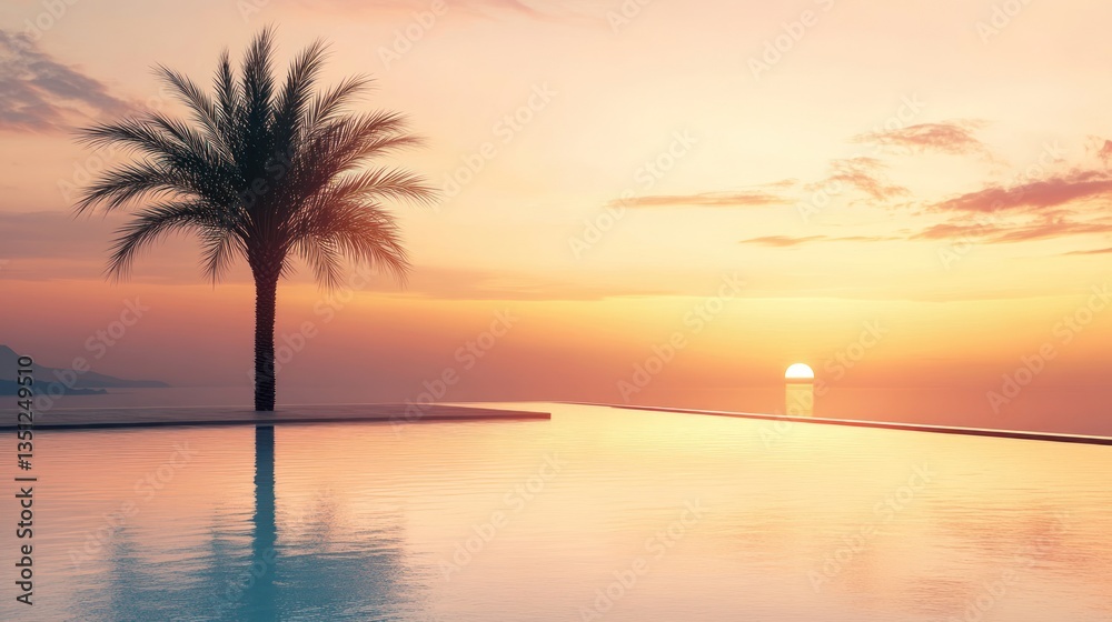 Minimalist poolside with a palm tree silhouette, warm golden light reflecting on the water Minimalist poolside with a palm tree silhouette, warm golden light reflecting on the water