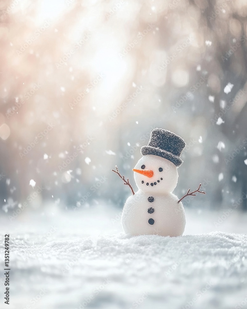 Fototapeta premium A cheerful snowman stands proudly in a blanket of fresh snow, adorned with a cozy red scarf and a classic black top hat, surrounded by glistening snowflakes and pine trees.