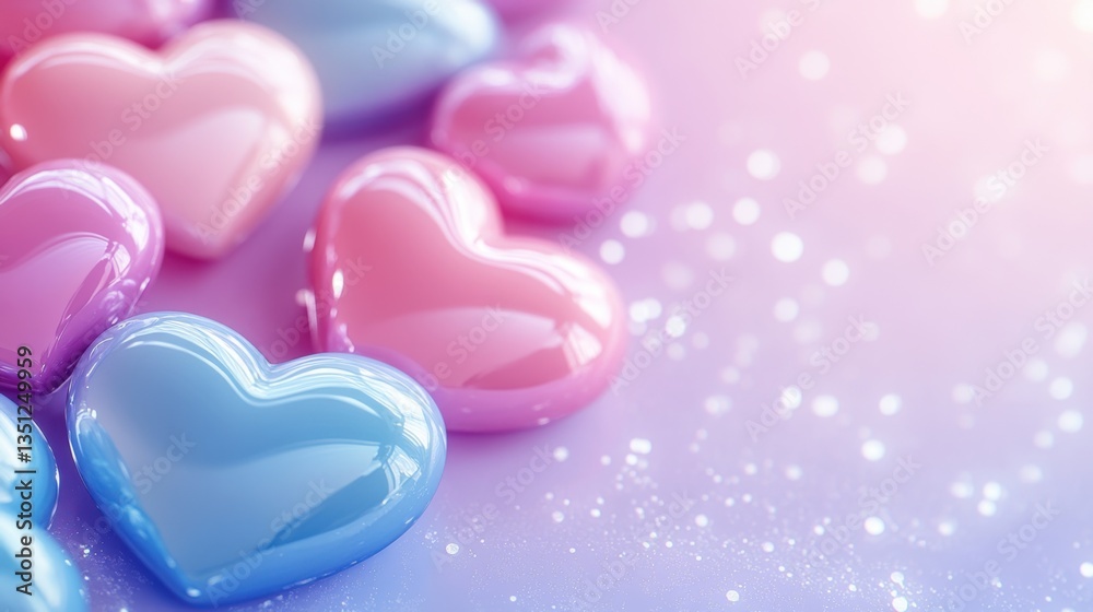 Vibrant and Glossy Heart-Shaped Candies on a Dreamy Background with Soft Sparkles Vibrant and Glossy Heart-Shaped Candies on a Dreamy Background with Soft Sparkles