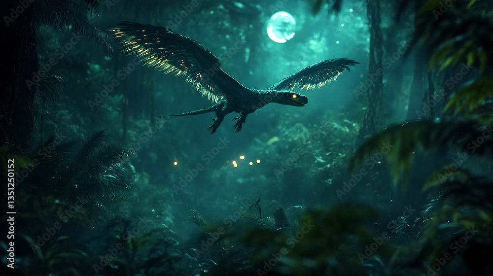 Naklejka premium Small yet deadly Microraptor gliding through the dense jungle its feathered wings shimmering under the moonlight The prehistoric night is alive with sounds as glowing eyes peer from the shadows