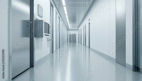 A sleek, modern corridor featuring uniform doors and polished floors, suggesting a sterile and organized environment.