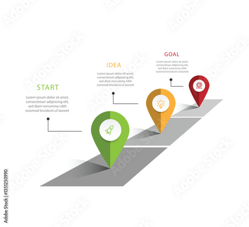 Design template information with road maps concept and 3 direction. 3 step process infographic with icons can be used for workflow, business information, work schedule, and web graphic design 