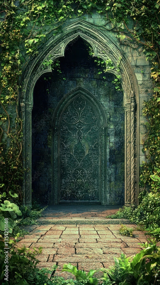 Obraz premium Enchanted Courtyard Garden Scene with Mossy Stone Archway