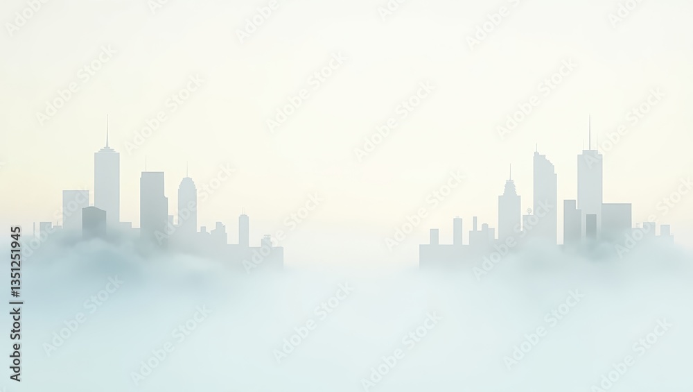 Naklejka premium Misty City Skyline Twin Cityscape Foggy Urban Landscape Dreamlike City View