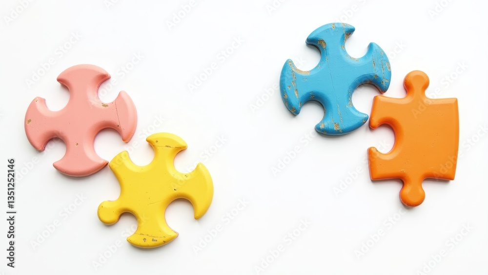 Fototapeta premium Colorful Wooden Puzzle Pieces Interlocking on White Background Teamwork Concept