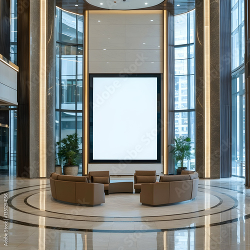 Corporate lobby with a circular blank digital kiosk in the center, suitable for interactive ads and messages.
