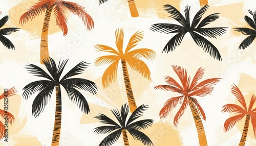 A vibrant pattern featuring stylized palm trees in shades of black, orange, and yellow against a light background.