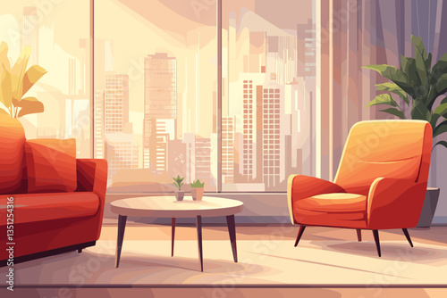 Elegant interior of a modern living room with a sofa, armchair, and coffee table in a flat vector cartoon illustration style. Interior design of a beautiful home office space with large windows.