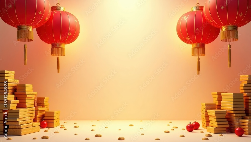 Obraz premium Festive Chinese New Year Background Red Lanterns Gold Ingots and Prosperity