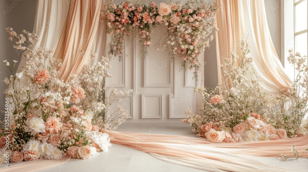 Soft peach and cream-toned flower door with flowing silk ribbons for a luxurious feel. Soft peach and cream-toned flower door with flowing silk ribbons for a luxurious feel.