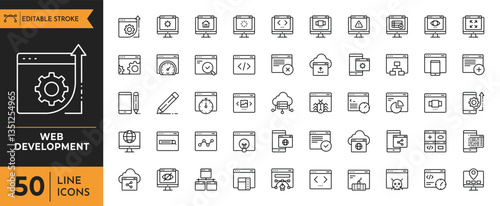 Web Development icon set. Containing Code, api, programmer coding, app, flow, node connect, web coder, bug fix and more. Vector illustration