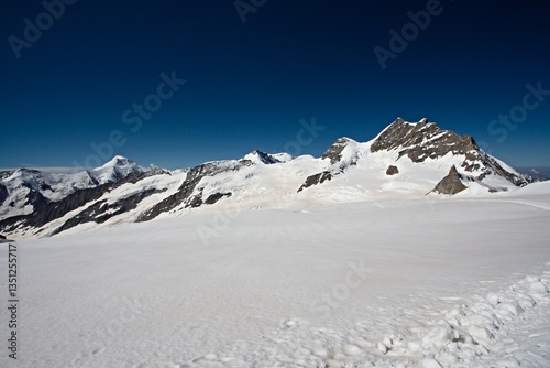 View from Jungfraujoch to Aletschhorn 4,195 meters high mountain, Jungfrau 4,158 meters high mountain and Bernese Alps. Switzerland. Europe. photo