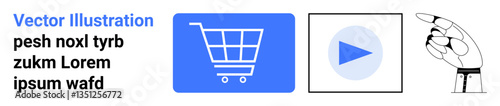 Shopping cart graphic in blue box, play button, and pointing hand gesture. Ideal for e-commerce, apps, media, social media, education, presentations ads simple landing page