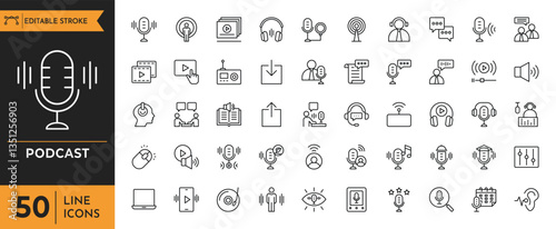 Podcast icon set. contains audio, episodes, broadcasting, conversation, interview, streaming, talk, sound, microphone, host, storytelling, entertainment, and more. Vector illustration