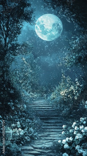Enchanting Moonlit Garden Pathway Under a Starlit Sky photo