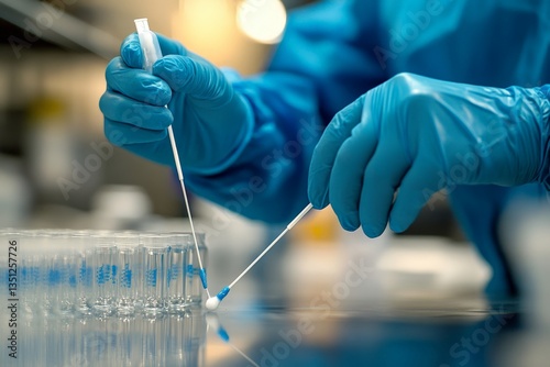 A close-up of a food inspector s gloved hands using a swab to test surfaces for contamination, ensuring sanitation, hygiene, and health safety.